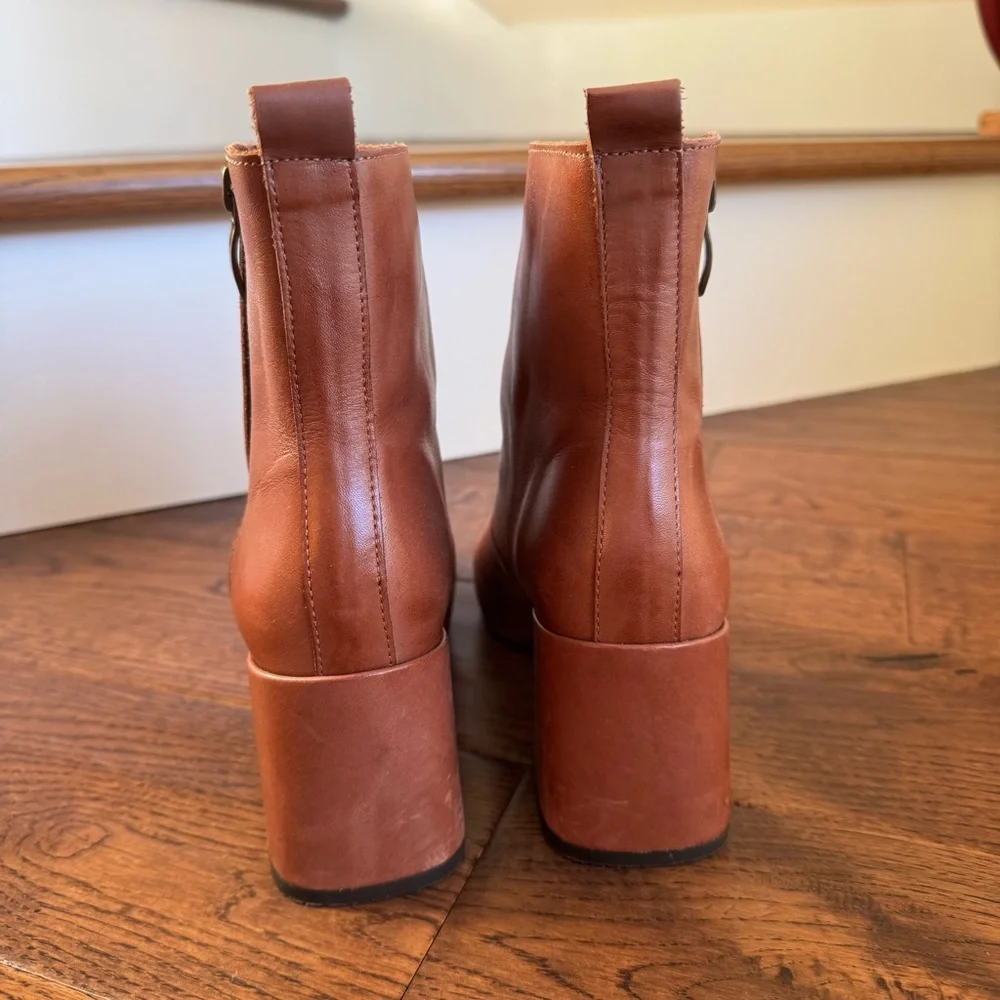 Chocolate Blu Cognac Square Toe Leather Block Heel Ankle Boots Size 36 Neutral